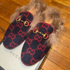 Gucci Blue and Red Fur Lined Loafers